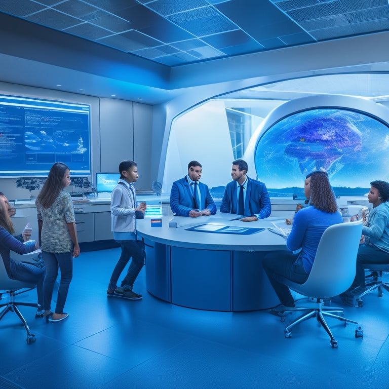 A futuristic classroom with holographic projections, virtual reality headsets, and interactive whiteboards, surrounded by diverse students collaborating and engaging with 3D models, robots, and futuristic gadgets.