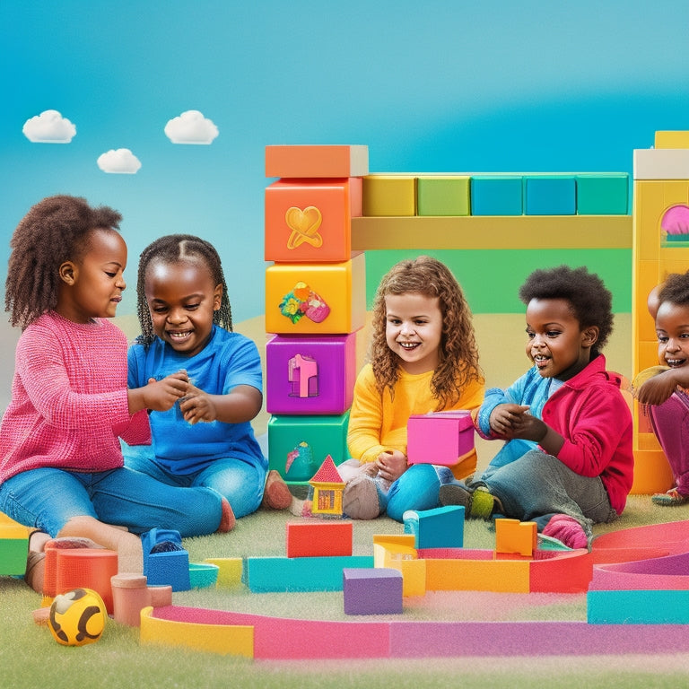 A vibrant illustration of diverse preschool-age children playing together, surrounded by colorful blocks, toys, and inclusive learning tools, set against a warm, sunny background with subtle rainbow hues.