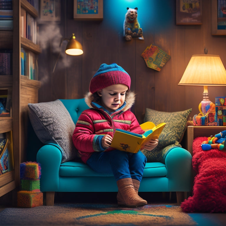 A whimsical illustration of a young child sitting in a cozy reading nook, surrounded by colorful books, alphabet blocks, and a wooden letter puzzle, with a few scattered crayons and a bright lamp casting a warm glow.