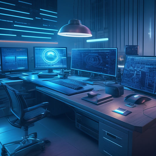 A futuristic virtual desk with 10 coding tools organized on a sleek, glowing grid, surrounded by floating laptops, robots, and coding symbols, set against a dark blue cyberpunk-inspired background.