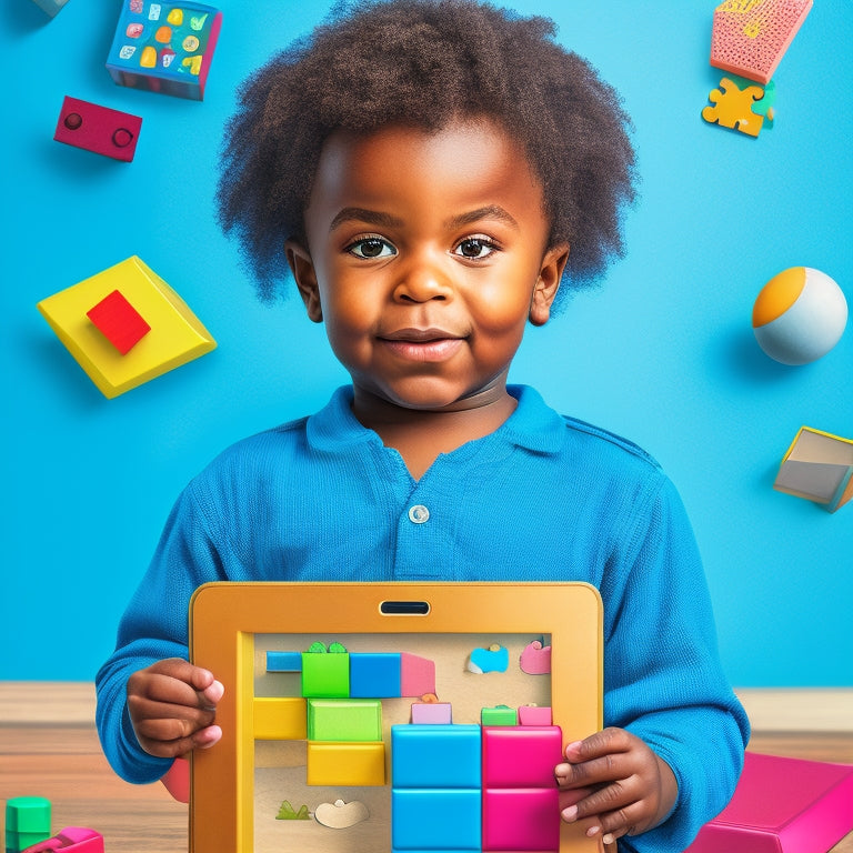 A colorful illustration of a preschooler holding a tablet, surrounded by floating icons of educational apps, with a subtle background of building blocks, puzzles, and learning tools.