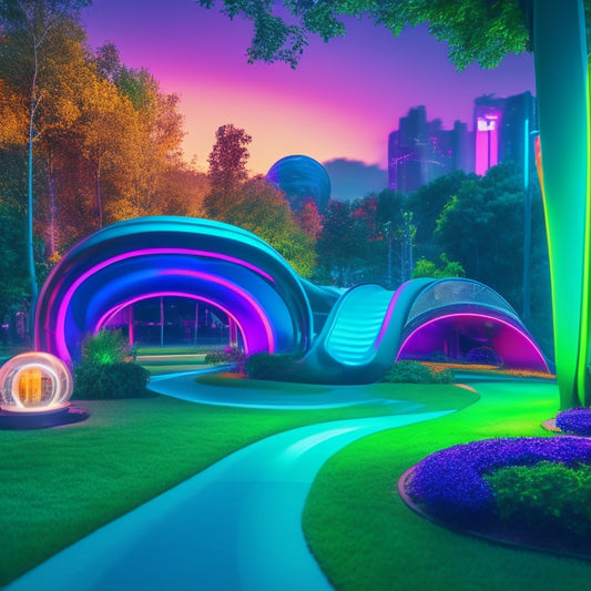 A vibrant, futuristic playground with neon-lit tunnels, glowing orbs, and sleek slides, surrounded by lush greenery and towering trees, with a subtle cityscape in the background.