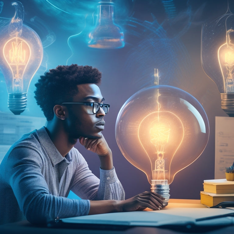 An illustration of a thinking student surrounded by swirling math symbols, formulas, and equations in soft pastel colors, with a lightbulb moment above their head, surrounded by glowing online screens.