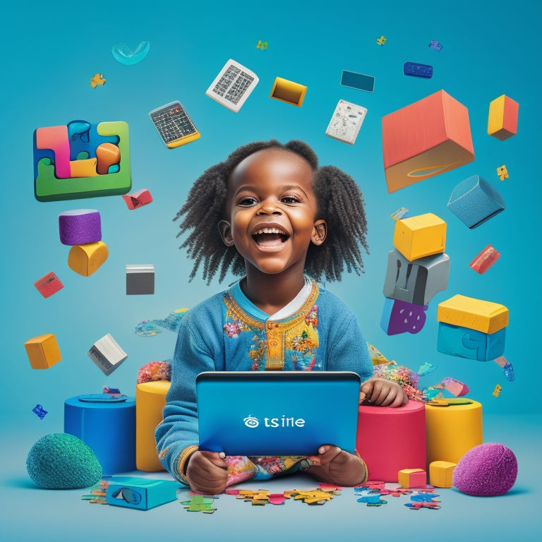 A colorful, whimsical illustration of a smiling child surrounded by floating tablets, laptops, and smartphones, with puzzle pieces, building blocks, and educational icons orbiting around them.