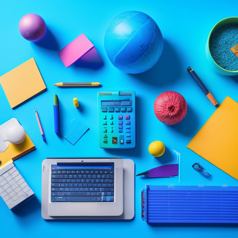 A colorful, clutter-free desk with a laptop, surrounded by various math-related objects like a geometric shape puzzle, a calculator, a globe, and a few colorful pens and pencils, set against a soft, gradient blue background.