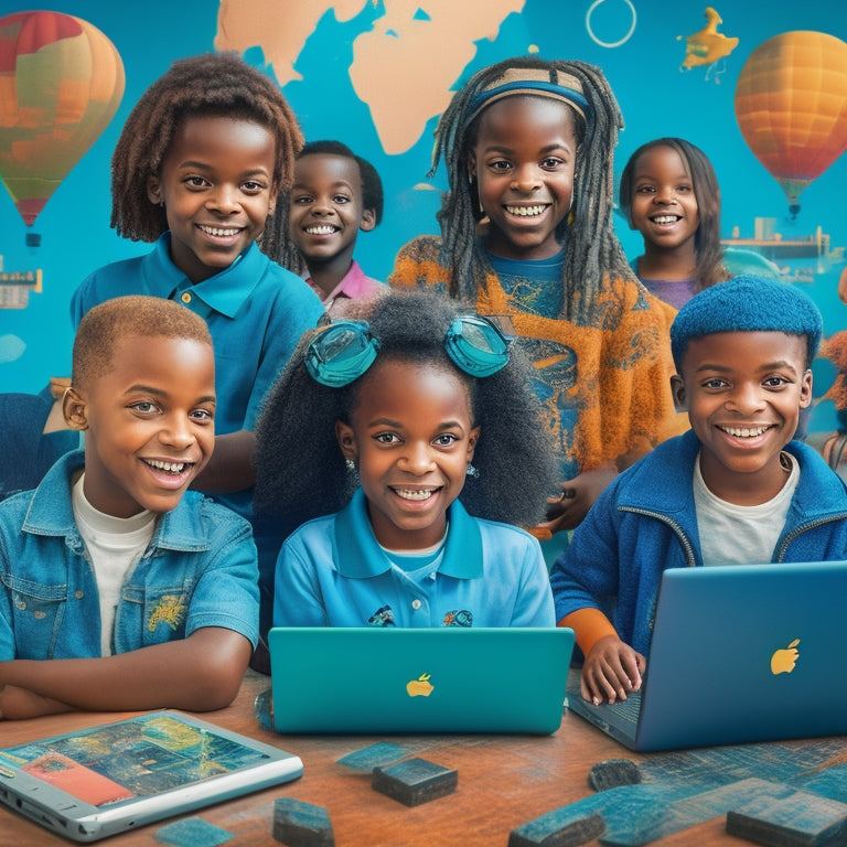 A whimsical illustration of a smiling, diverse group of children aged 6-12, surrounded by floating laptops, tablets, and educational icons, immersed in a vibrant, futuristic learning environment.