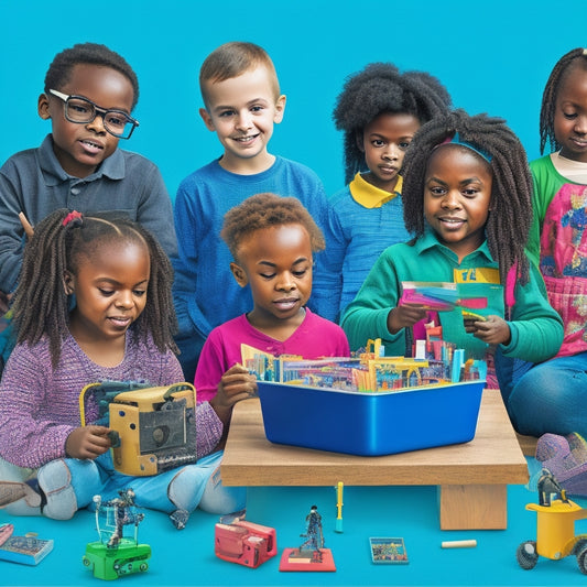 A colorful, clutter-free illustration featuring a diverse group of children with special needs engaging with various STEM learning tools, including tablets, robots, and sensory-friendly manipulatives.