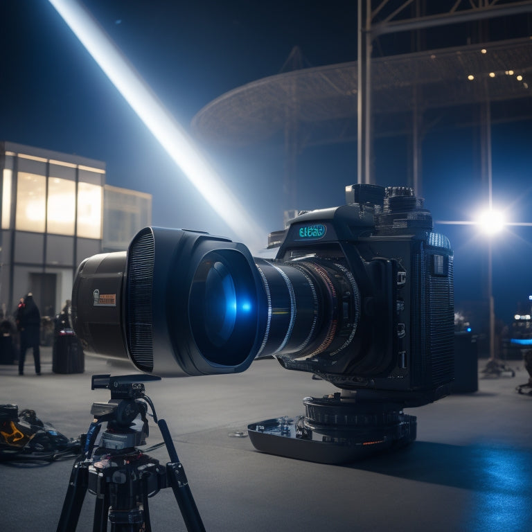 A futuristic, sleek IMAX camera stands tall on a movie set, surrounded by cinematic lights, with a massive screen looming in the background, showcasing a blockbuster film's epic, action-packed scene.