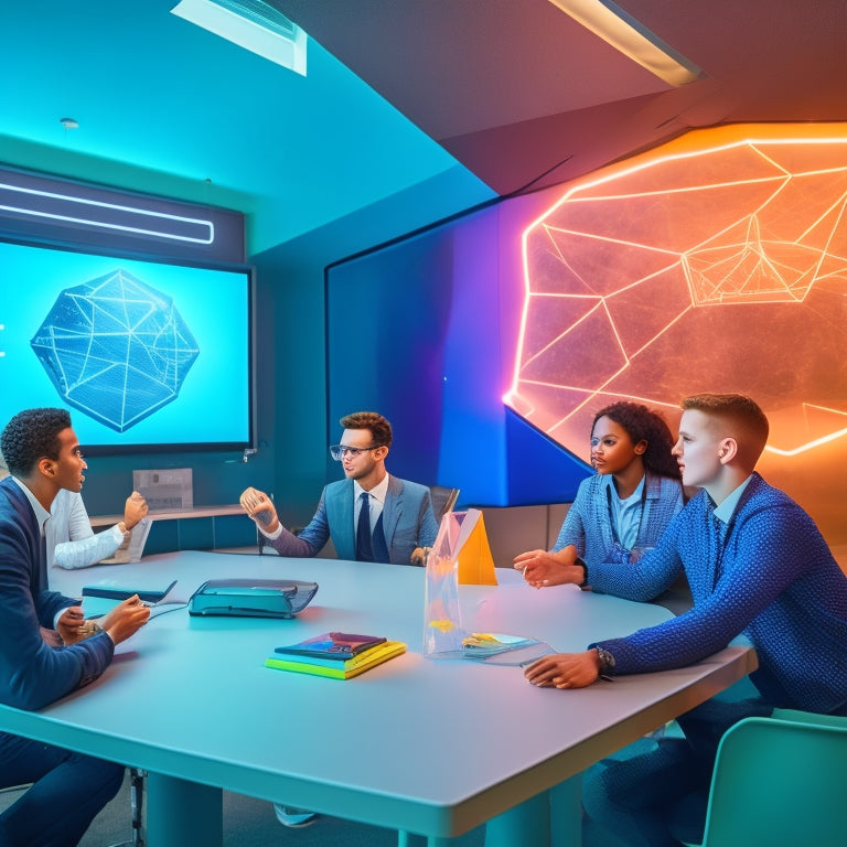 A futuristic classroom with a large, glowing interactive whiteboard displaying vibrant geometric shapes and 3D graphs, surrounded by engaged students using digital pens and tablets.