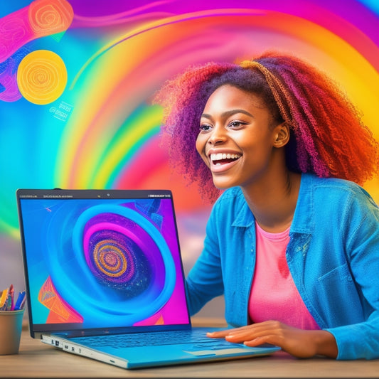 An illustration of a joyful student surrounded by swirling math symbols and formulas, with a laptop screen displaying a video tutorial in the foreground, amidst a background of vibrant, swirling colors.