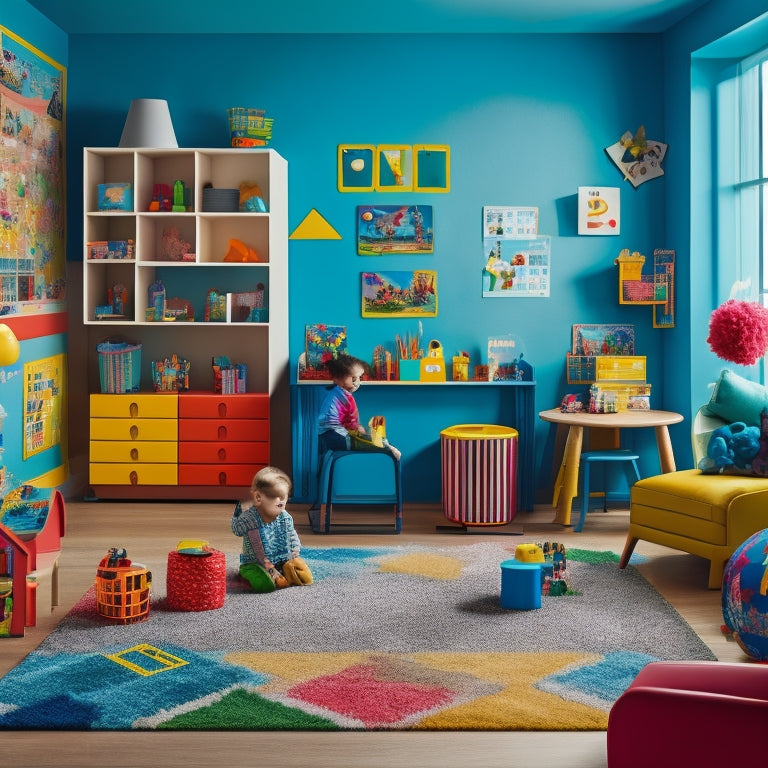 A colorful, clutter-free playroom with various wall-mounted toys and educational tools, such as a geometric shape sorter, alphabet puzzle, and a world map, surrounded by curious, diverse children engaged in play.