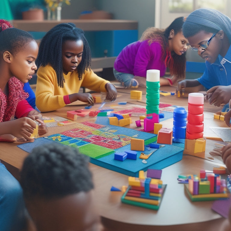 An illustration of a diverse group of students gathered around a table, surrounded by colorful math tools and manipulatives, with puzzle pieces and blocks forming a bridge between obstacles and a bright, sunny background.