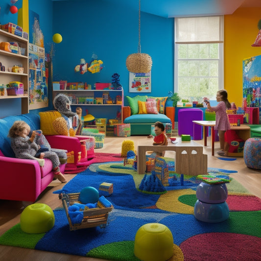 A vibrant, clutter-free playroom with a diverse group of children (ages 4-8) engaged with various educational toys, including building blocks, puzzles, and art supplies, amidst a backdrop of colorful, swirling brain illustrations.