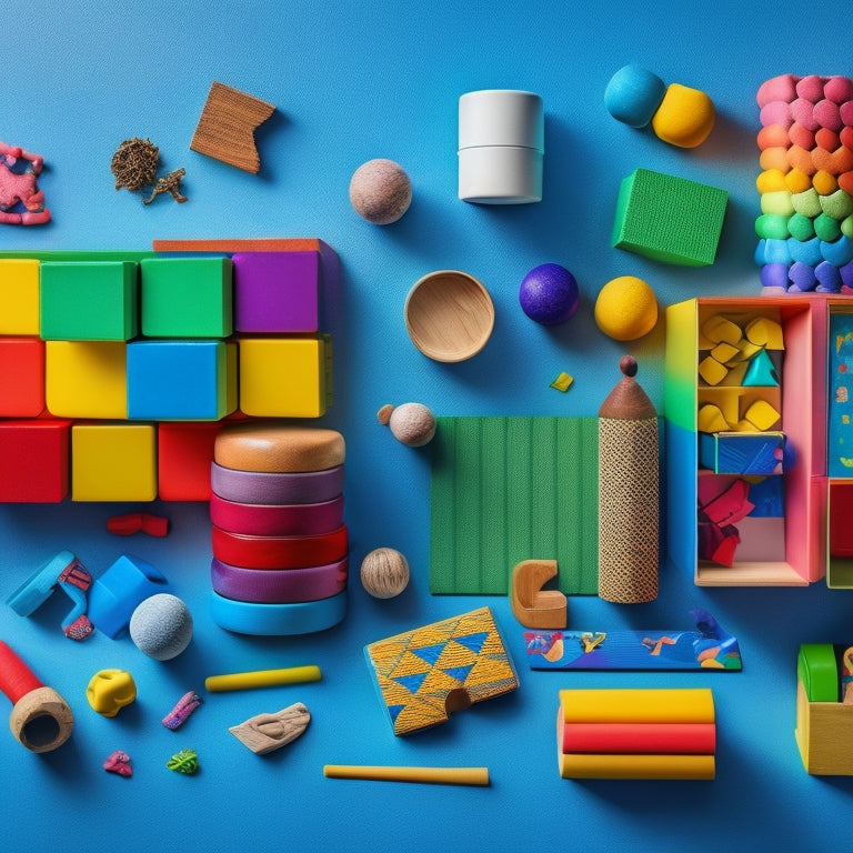 A colorful, clutter-free background with various educational toys and objects, including a wooden puzzle, stacking cups, a child's hand holding a crayon, and a few building blocks, arranged in a harmonious and inviting way.