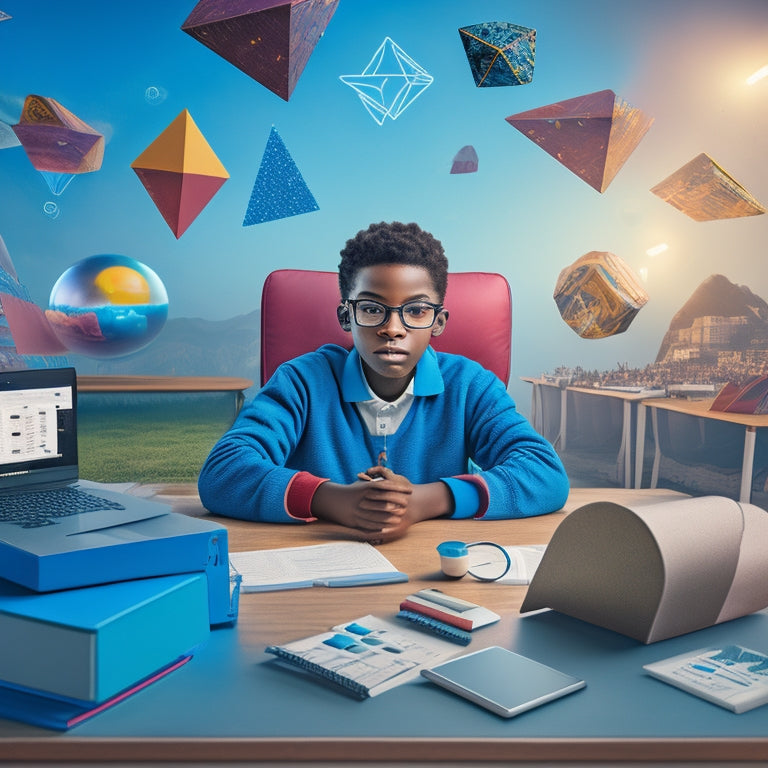 A colorful, digitally illustrated scene depicting a 7th-grade student sitting at a desk, surrounded by laptops and tablets, with math problems and formulas floating in the air, amidst a subtle background of geometric shapes.