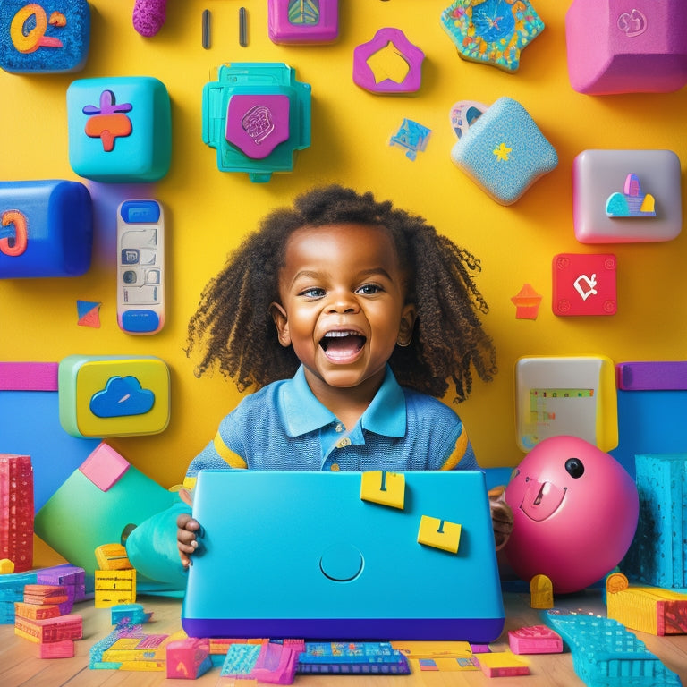 A playful, bright illustration of a smiling preschooler surrounded by tablets, laptops, and handheld consoles, with colorful math-inspired icons (blocks, shapes, numbers) swirling around them in a joyful, whimsical atmosphere.