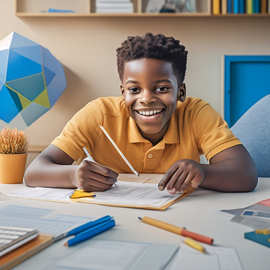 A colorful illustration of a smiling Year 3 student sitting at a desk, surrounded by pencils, a calculator, and a few worksheets, with math problems and answers scattered around, amidst a subtle background of geometric shapes.