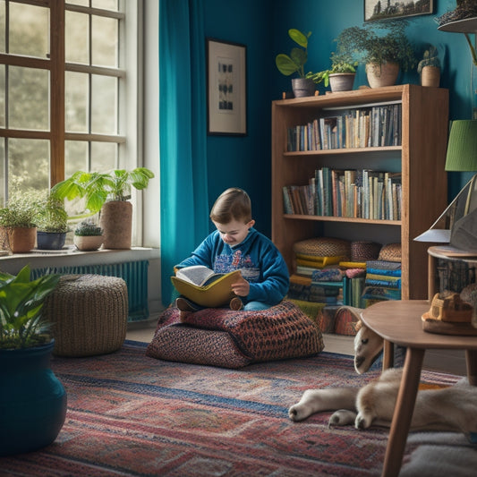 A serene, well-lit study nook with a child sitting comfortably on a colorful rug, surrounded by stacked books, a laptop, and a few toys, amidst a calm, natural background with plants and soft curtains.