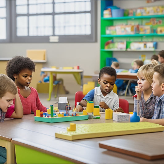 A vibrant and bustling elementary school classroom scene featuring a diverse group of students engaged in various learning activities, including building with blocks, conducting a science experiment, and creating art projects.