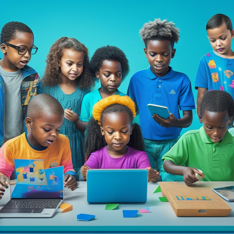A colorful illustration of a group of diverse children aged 6-12, surrounded by tablets and laptops, engaging with interactive math apps, with 3D shapes, graphs, and equations floating around them.