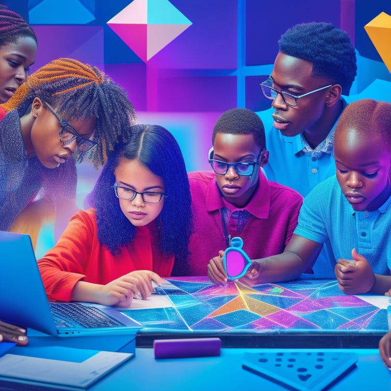A colorful illustration of a diverse group of students with special needs, surrounded by laptops and tablets, interacting with geometric shapes, graphs, and math puzzles, set against a futuristic digital background.