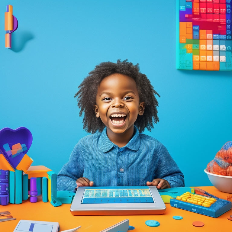 A colorful illustration of a smiling child surrounded by virtual math tools, including a digital abacus, 3D shapes, and a tablet with interactive graphs, set against a bright blue background with subtle math symbols.