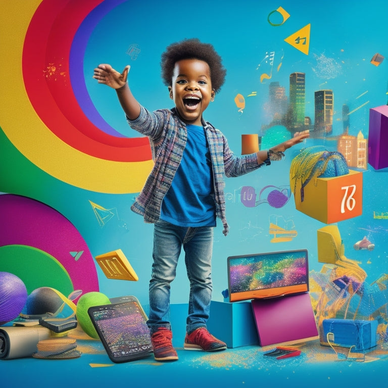 A colorful illustration of a happy, curious child surrounded by various digital devices, with math-related icons, such as numbers, shapes, and graphs, floating out of the screens in a playful, swirling motion.