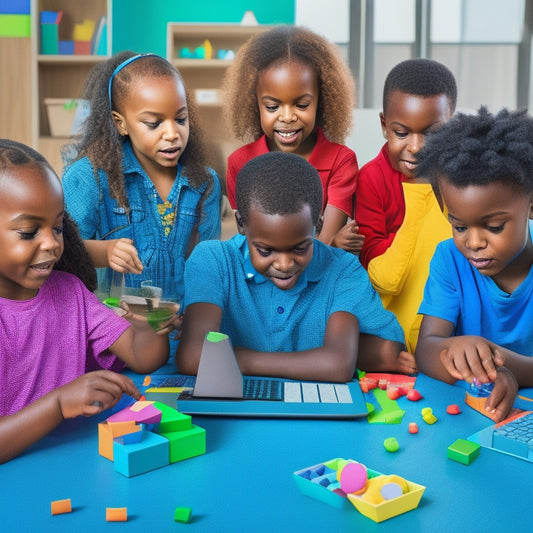 A colorful illustration of a diverse group of happy children aged 6-12 gathered around a tablet, laptops, and desktop computer, engaged in interactive math activities with virtual manipulatives and 3D shapes.