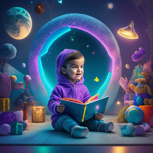 A colorful illustration of a child sitting in front of a tablet, surrounded by interactive e-book elements: floating 3D shapes, animated characters, and glowing sparks, amidst a whimsical, futuristic background.