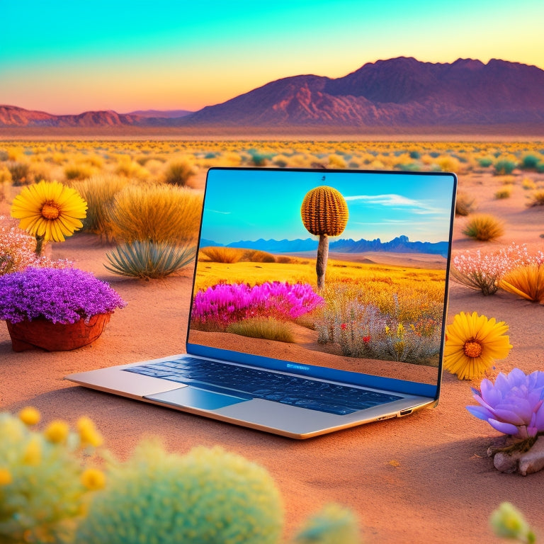 A vibrant, stylized illustration of a desert landscape with a laptop and tablet at its center, surrounded by blooming wildflowers, with a subtle gradient of bright, bold colors.