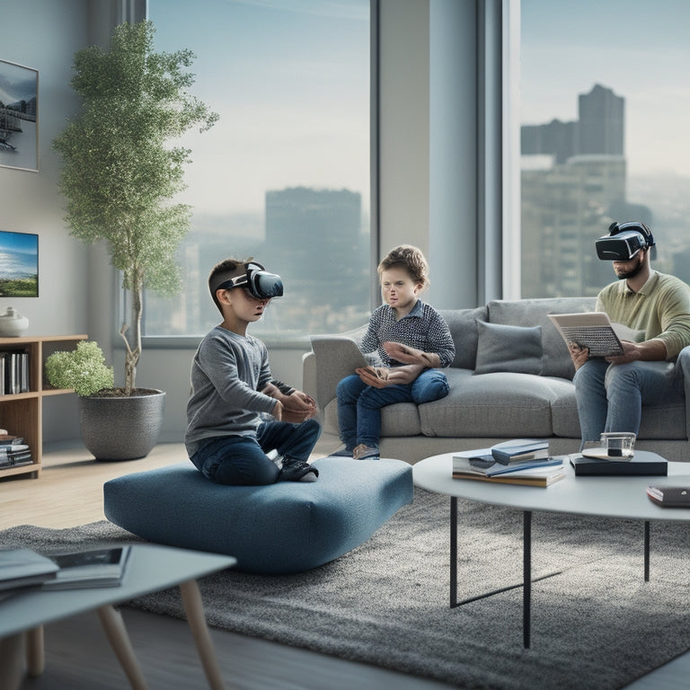 A modern, minimalist living room with a child wearing VR goggles, surrounded by scattered textbooks and laptops, while a parent observes from a nearby couch, with a subtle cityscape outside the window.