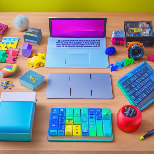 A colorful, organized desk with a tablet, laptop, and adaptive keyboard, surrounded by puzzle pieces, educational toys, and a small trophy, conveying learning joy and achievement.