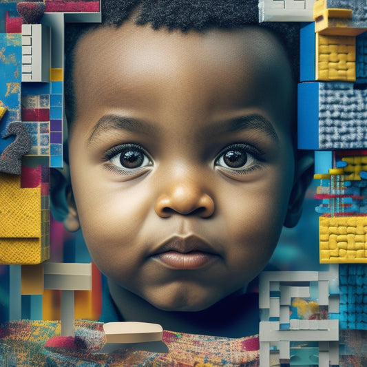 An illustration of a child's face surrounded by floating speech bubbles containing fragmented words, with puzzle pieces and building blocks in the background, amidst a subtle grid of sound waves.