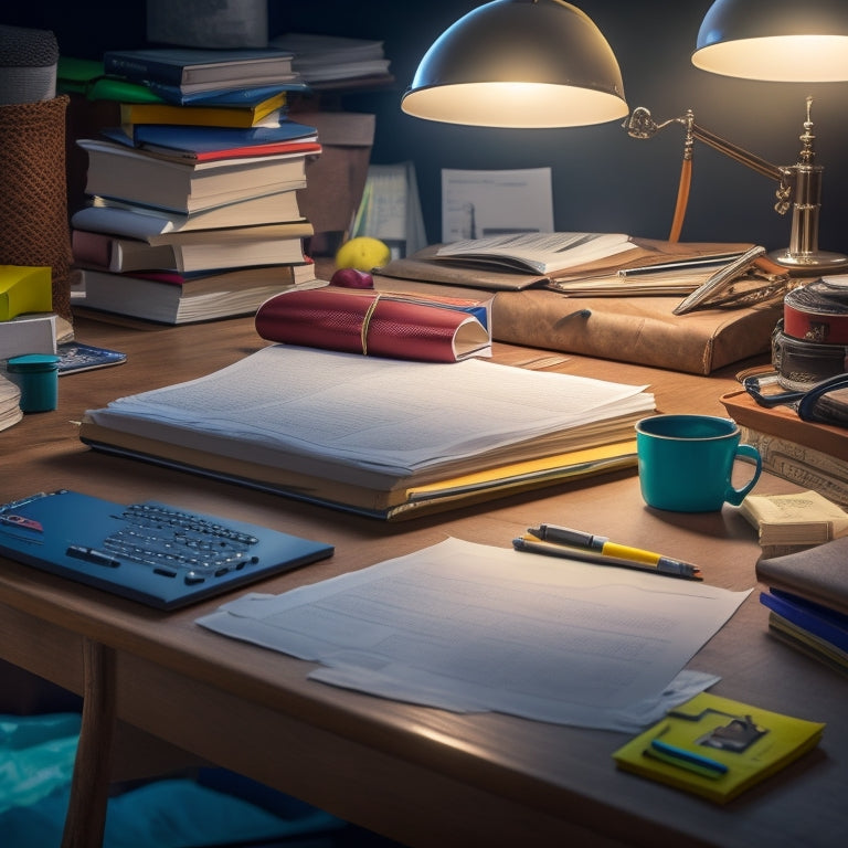 A cluttered high school desk with scattered textbooks, a laptop, and a open backpack, surrounded by crumpled papers, pencils, and a calculator, with a subtle lightbulb glowing in the background.