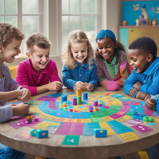 A colorful, whimsical illustration of happy children aged 6-10 gathered around a table, playing a multiplication-themed board game with dice, tokens, and a giant multiplication chart in the background.