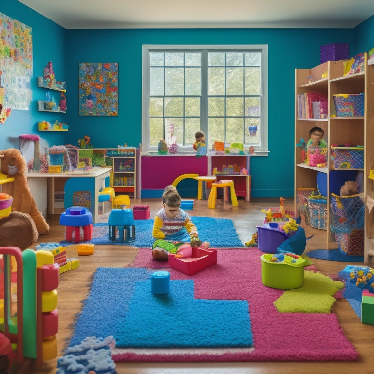 A vibrant, clutter-free playroom with a diverse group of children aged 4-8 engaged in various educational activities, surrounded by colorful toys, blocks, puzzles, and learning tools.