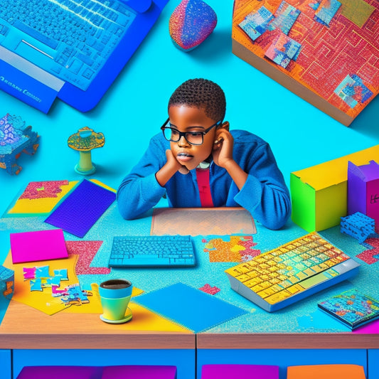 A vibrant, colorful illustration of a 5th-grade student sitting at a desk surrounded by puzzle pieces, laptops, and tablets, with a thought bubble containing a maze, chessboard, and math problems.