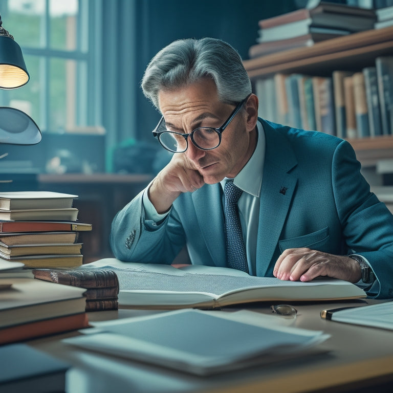 A bespectacled academic surrounded by stacks of books and papers, with a magnifying glass in hand, scrutinizing a document amidst a subtle background of medical and policy-related icons.