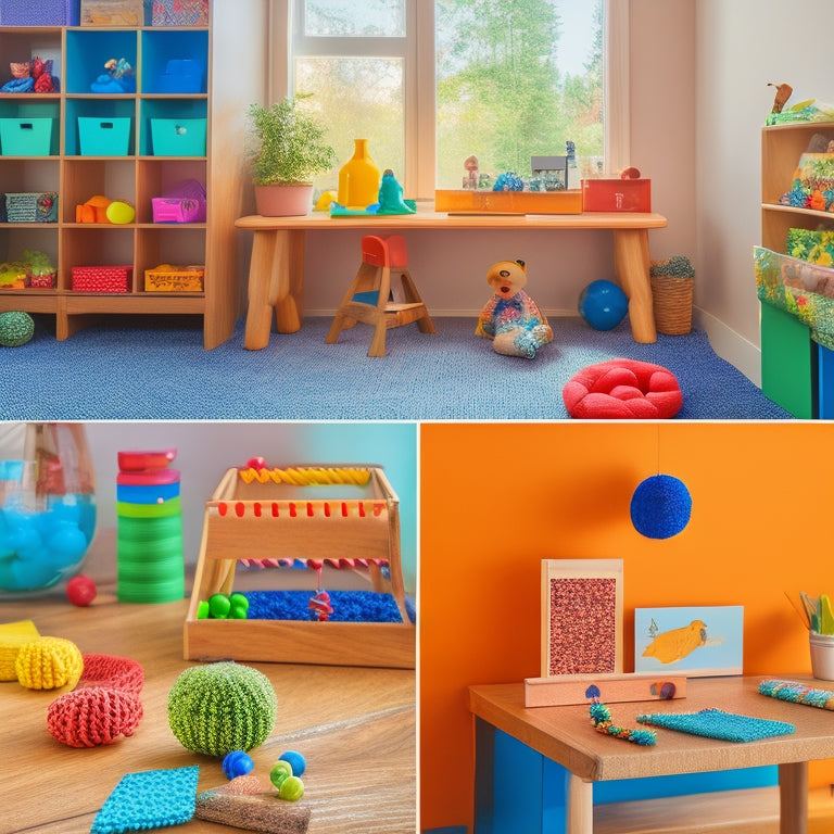 A colorful, clutter-free workspace with various DIY Montessori materials, including a wooden number line, a geometric shape sorter, and a sensory bin filled with beads and small toys, surrounded by natural light.