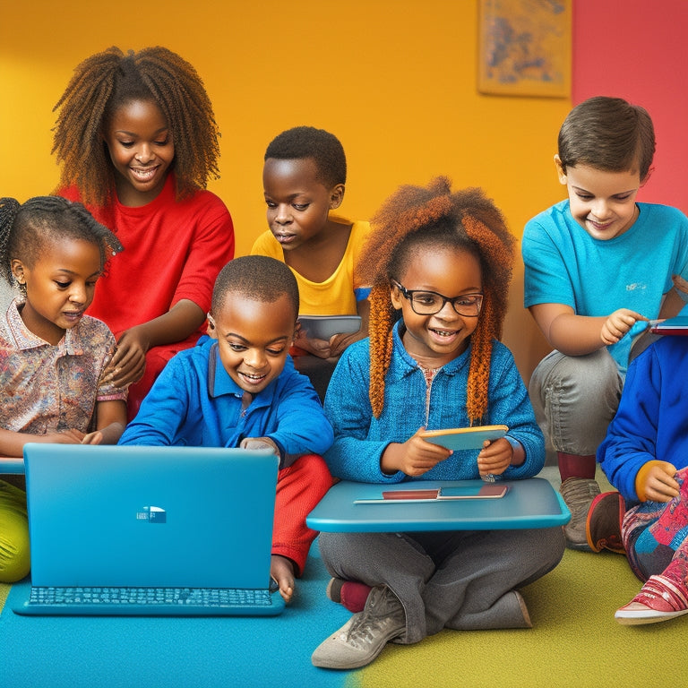 A colorful illustration of a diverse group of children with different abilities, using tablets and laptops, surrounded by assistive technology devices, in a bright and inclusive online learning environment.