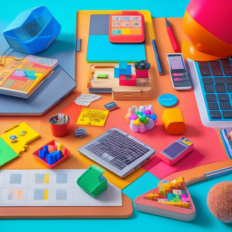 A colorful, clutter-free desk with a laptop, tablet, and various virtual math toys' interfaces displayed on screens, surrounded by fun math-inspired objects like a geometric-shaped puzzle and a calculator.