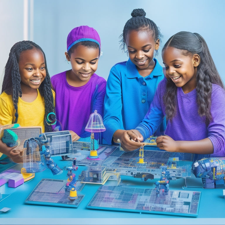 A colorful illustration of diverse young girls aged 6-12, surrounded by robots, coding blocks, and tablets, with thought bubbles filled with gears, circuits, and coding symbols, conveying curiosity and excitement.