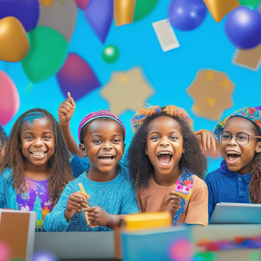An illustration of a diverse group of happy students aged 6-12, surrounded by IPads, math puzzles, and colorful geometric shapes, with confetti and stars bursting from their screens.