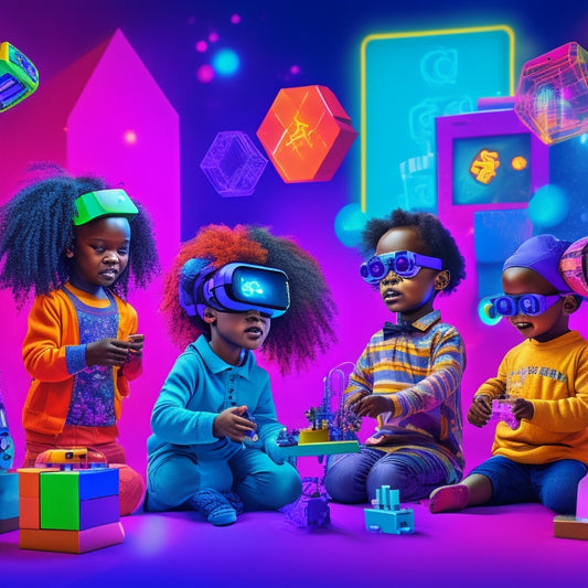 A colorful, whimsical illustration of diverse children aged 4-8 engaged in interactive math and science activities, surrounded by 3D shapes, blocks, robots, and virtual reality headsets, amidst a futuristic, neon-lit background.