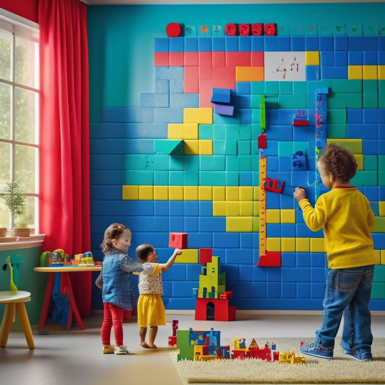 A colorful, clutter-free playroom with a giant number line on the wall, a child building a tower with numbered blocks, and a playful robot holding a math-themed puzzle in the corner.