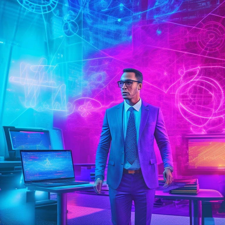 An illustration of a teacher surrounded by glowing screens, tablets, and laptops, with math symbols and equations swirling around, amidst a colorful and futuristic classroom backdrop.