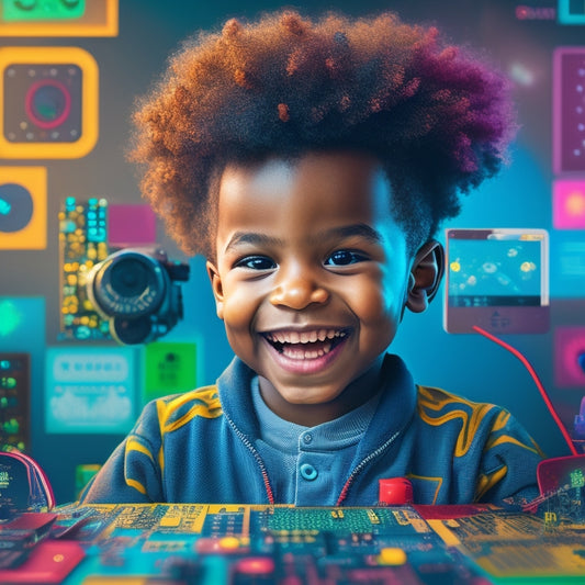 An illustration featuring a smiling, curious child surrounded by digital devices, mathematical symbols, and colorful shapes, with a subtle background of circuit boards and coding patterns.