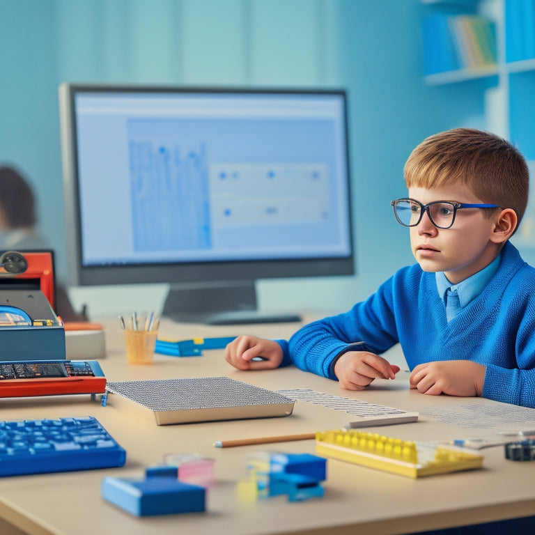 An illustration of a visually impaired student sitting at a desk, surrounded by assistive technology devices, such as braille displays and 3D printed math models, with a confident and curious expression.