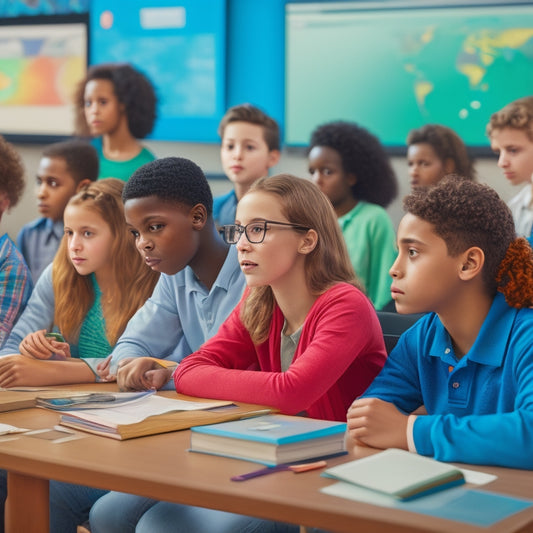 A colorful illustration of a diverse group of middle school students sitting at desks, surrounded by math textbooks and pencils, watching a video lesson on a large screen at the front of the classroom.
