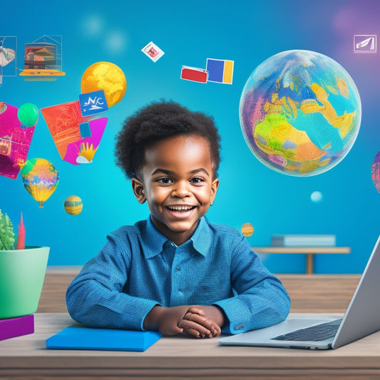 A colorful illustration of a joyful child sitting in front of a laptop, surrounded by floating educational icons (e.g., ABC blocks, math symbols, and a globe), with a subtle virtual learning landscape in the background.